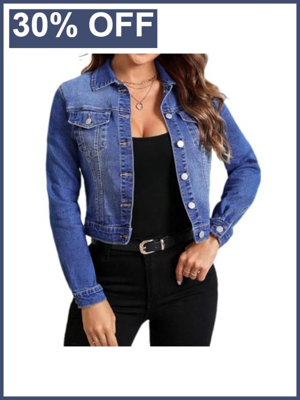 Women's Cropped Stretch Denim Jacket Long Sleeve Button Down Jean Coat